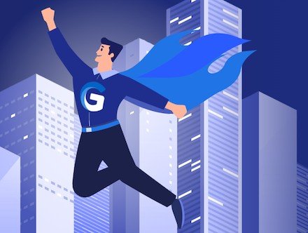 Illustration of a caped hero wearing a Globe G emblem, flying above city buildings.